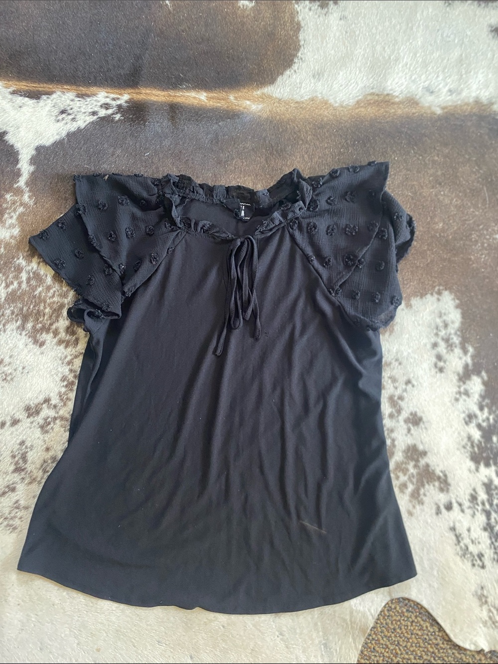 Black Ruffle Tie-Neck Short Sleeve Blouse